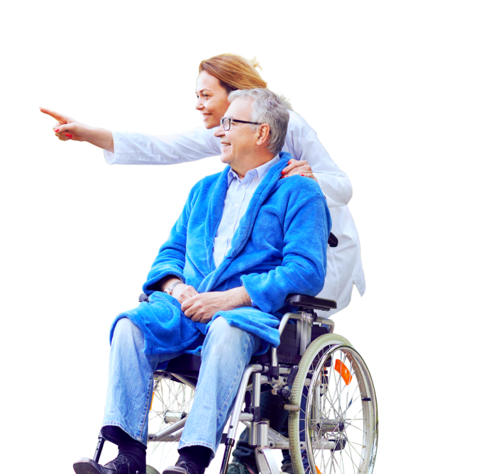 nurse and elderly man talking