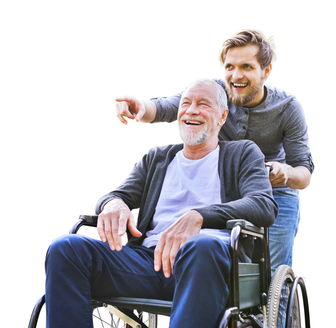 caregiver and elderly man smiling